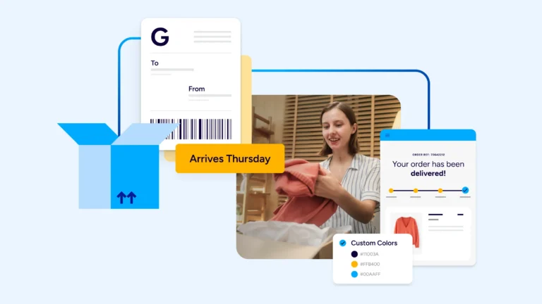 Illustration of an international ecommerce delivery experience with package tracking, branded notifications, and a customer receiving an order